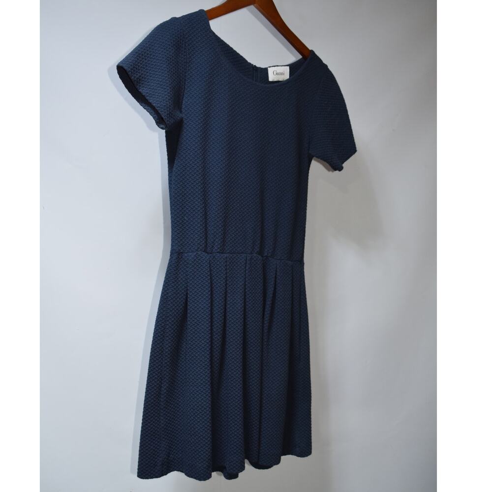Ganni Navy Blue Textured Cotton Blend Fit & Flare Dress Medium